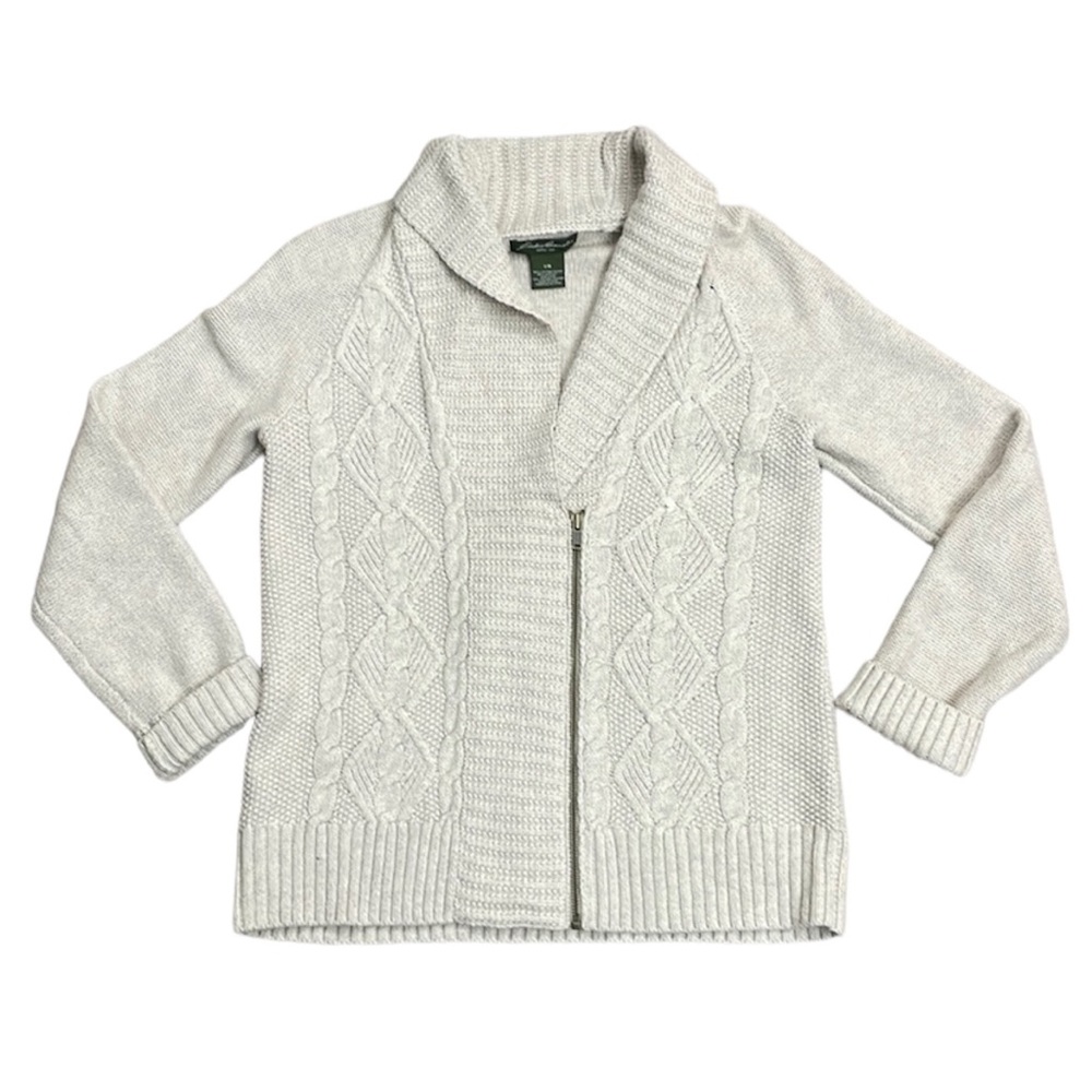 NWOT Eddie Bauer Cardigan V-Neck Zip Collared Asymmetrical Oatmeal Size Large